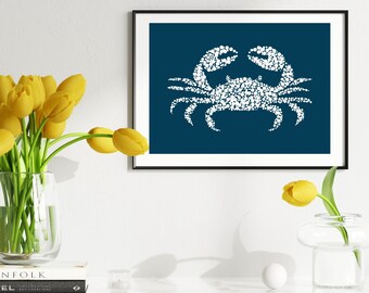 Crab Print Digital Art Wall Art Printable Nautical Print Instant Download Minimalist Wall Art, Retro Art Print Navy Blue Crab Gift Geometric