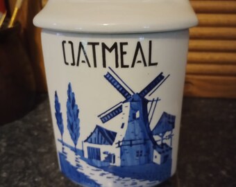 antique oatmeal canister, blue windmill delft design, Checkoslovakia