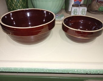 pr Vintage McCoy Pottery Brown Beehive Stoneware Mixing Bowls USA, 8", 10"