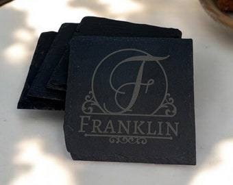 Engraved Slate Coasters Set: Personalized Monogram, Set of 4