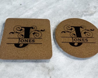 Engraved Cork Coasters Set: Personalized Family Name Monogram