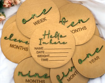 3D Wooden Baby Milestone Markers with Stats Sign