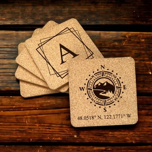 Custom Engraved Cork Coasters Set, Personalized Family Name or Initial Monogram Coasters, Multiple Set Options