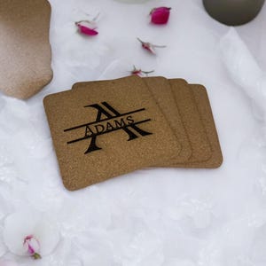 Custom Engraved Cork Coasters Set, Personalized Family Name or Initial Monogram Set of 4 Coasters