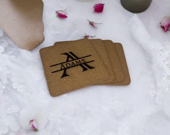 Engraved Cork Coasters Set: Personalized Family Name Monogram