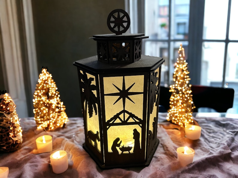 Wooden Christmas Nativity Night Light with precision laser-cut design and LED glow, perfect for holiday home decor.