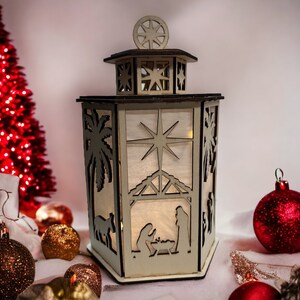 Wooden Christmas Nativity Night Light with precision laser-cut design and LED glow, perfect for holiday home decor.