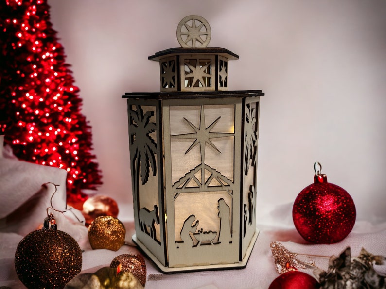 Wooden Christmas Nativity Night Light with precision laser-cut design and LED glow, perfect for holiday home decor.