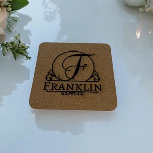 Custom Engraved Cork Coasters Set, Personalized Family Name or Initial Monogram Set of 4 Coasters