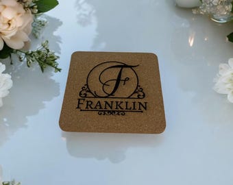 Custom Engraved Cork Coasters: Personalized Family Name Monogram - Set of 4