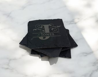 Engraved Slate Coasters Set: Personalized Monogram, Set of 4