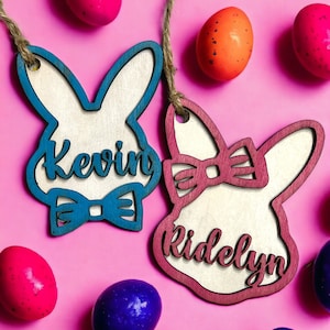 Etiqueta de Cesta de Páscoa Personalizada – Etiqueta de Cesta de Páscoa Personalizada com Design de Coelho | Decoração de Páscoa com Nome Personalizado para Cesta de Páscoa Infantil