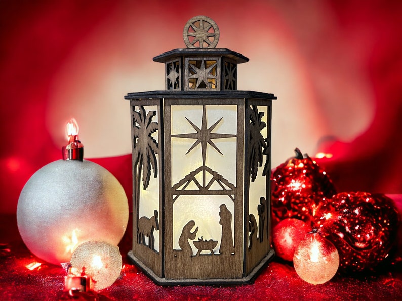 Wooden Christmas Nativity Night Light with precision laser-cut design and LED glow, perfect for holiday home decor.
