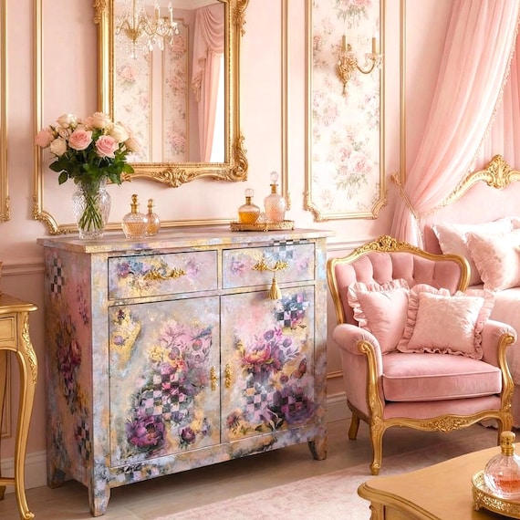 Upcycled Floral Pink Sideboard, Shabby Chic Boho Decor, Vintage Storage Cabinet
