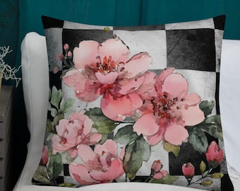 Pink Floral Pillow: Watercolor Checkered Accent Cushion
