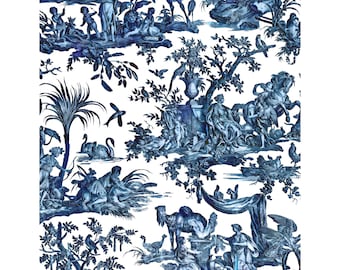 May include: A white fabric featuring a repeating blue toile de jouy pattern. The design depicts various scenes with human figures, exotic animals including camels and ostriches, birds, lush trees, and classical architectural elements in blue ink.