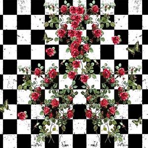 Large Decoupage Paper with Red Roses and Checker Pattern in Black and White. Tissue Paper for Crafting, Furniture Upcycling, and DIY Decor