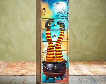 Kolorowy, zabawny papier do decoupage'u z nogami czarownicy na Halloween do majsterkowania, recyklingu mebli, upiornych dekoracji do domu, projektów na jesień i Halloween