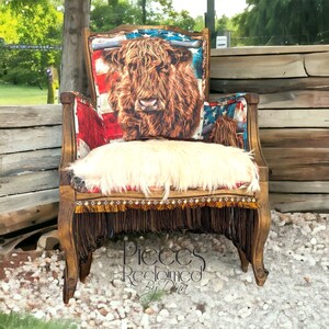 Elevate your farmhouse decor with this stunning Western Style Brown Leather Chair, a perfect blend of rustic charm and vintage appeal. Crafted from reclaimed wood and upcycled materials, this unique piece features a distressed brown leather frame that exudes cowboy cool. The upholstery is adorned with a striking Highland cow print, adding a touch of countryside authenticity, while the goat-skin hides drape gracefully over the seat, offering both comfort and texture.
