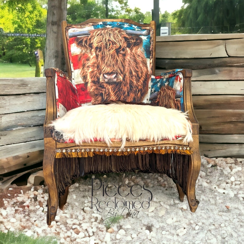 Elevate your farmhouse decor with this stunning Western Style Brown Leather Chair, a perfect blend of rustic charm and vintage appeal. Crafted from reclaimed wood and upcycled materials, this unique piece features a distressed brown leather frame that exudes cowboy cool. The upholstery is adorned with a striking Highland cow print, adding a touch of countryside authenticity, while the goat-skin hides drape gracefully over the seat, offering both comfort and texture.