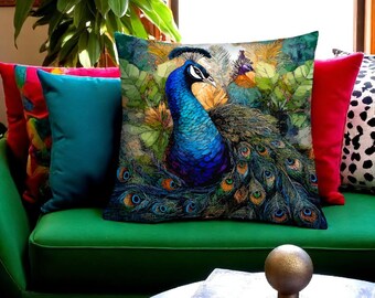 Fairy Core Peacock Pillow: Double-Sided Print, Maximalist Decor, 18x18