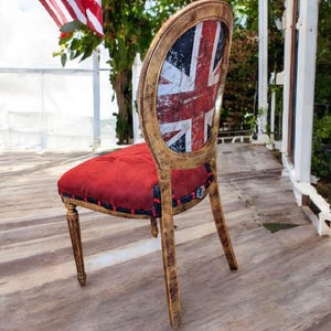 Vintage French-Style Dining Chair - Antique Gold Finish with Custom British Flag Velvet Upholstery - Unique Home Decor Accent. Solid Wood!