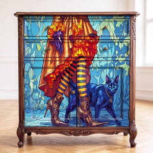 Large Decoupage Tissue Paper Witch Leg with Blue-Orange Striped Stockings | Fall Halloween Decor for Furniture Upcycling & Craft Projects