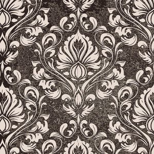 May include: A wallpaper pattern featuring a dark brown, textured background with a repeating cream-colored damask motif. The design consists of symmetrical, ornate floral and leaf-like scrolls that create a continuous, intricate vertical arrangement.