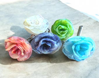 Handmade Flower Resin Drawer Knobs: Painted Boho Cabinet Pulls