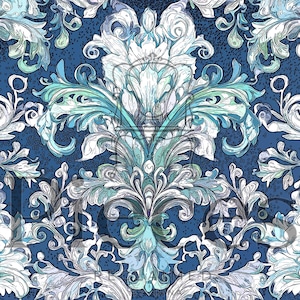 May include: A digitally rendered seamless pattern featuring ornate, stylized floral and foliate elements. The design showcases a repeating pattern of white, light blue, and teal accents against a deep blue background. The pattern has a vintage, baroque aesthetic.