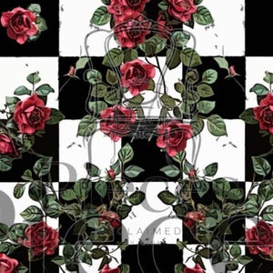 May include: A repeating pattern featuring deep red roses with green leaves layered over a high-contrast black and white checkerboard background. A faint, stylized outline of a chair and the text Pieces Reclaimed by Rina are overlaid.