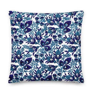 Toile de Jouy Pillow: Blue Chinoiserie Flower Print Throw Pillow