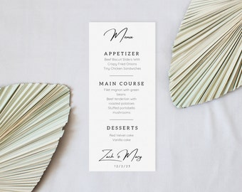 Puede incluir: Un menú de boda simple en blanco y negro con los nombres Zach y Mary y la fecha 12/2/23. El menú incluye aperitivos, plato principal y postres.