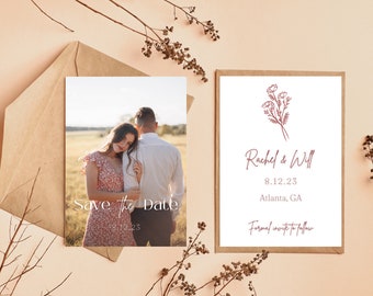 May include: Save the date card with a photo of a couple in a field and a floral design with the text "Rachel & Will" and the date "8.12.23" and the location "Atlanta, GA".