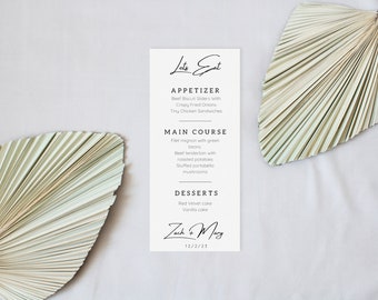 Plantilla elegante de menú de boda con guion, diseño moderno y personalizado (editable en Canva)