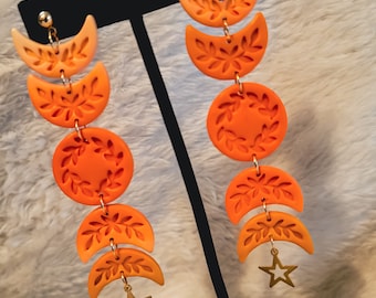 The Luna in Fall Color | Polymer Clay Earrings | Moon Phases Earrings | Hypoallergenic| Statement Dangle Drop | Gift Ideas 2022