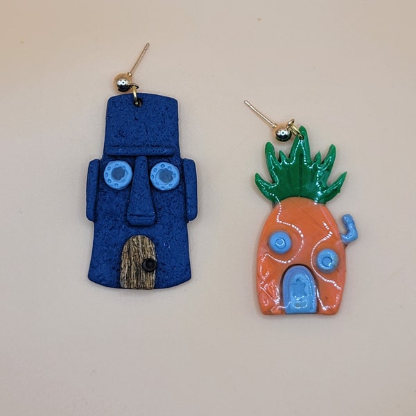 Tiki House| Squid Earrings | Pineapple House Earrings Polymer Clay Earrings | Handmade Clay Earrings | Gift Ideas | Sponge Earrings | Resin