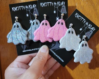 Glittered Ghost Sheet Dangle Earrings | Halloween Earrings | Cute Ghost | Polymer Clay Spooky Dangle Earrings | Fall Clay Earrings
