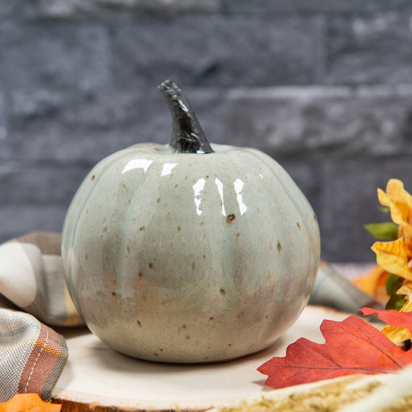 Wheel Thrown gray white glazed ceramic pumpkin