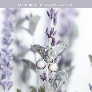 May include: A pair of silver earrings with white, round, resin-filled pendants. The earrings are hanging from a lavender plant.