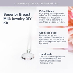 May include: A DIY breast milk jewelry kit with a silver pendant, a description of the kit's features, and the text "Superior Breast Milk Jewelry DIY Kit".