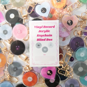 May include: A collection of vinyl record acrylic keychains in various colors, including pink, orange, and blue, with gold-colored clasps. A card reads "Vinyl Record Acrylic Keychain Blind Box".
