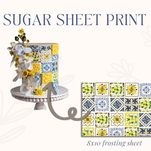May include: A yellow, blue and white sugar sheet print with a floral design. The print is 8x10 inches and is shown on top of a cake.