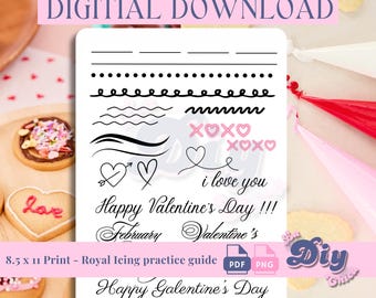 Valentine’s Day Royal Icing Practice Sheet | Cookie Decorating Guide | Instant Digital Download