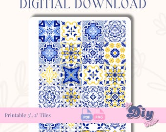 Italian Tiles printable | Talavera | Blue Azul Vibrant| Ornamental Image | PNG PDF Printable | Amalfi| Instant Download