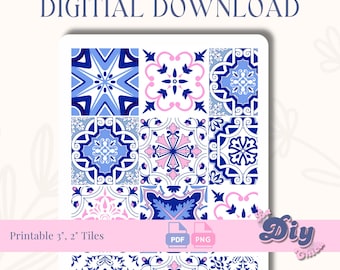 Italian Tiles Digital Download | Tiles| Talavera| Blue & Pink Vibrant| Ornamental | PNG PDF Printable | Escamilla| Instant Download