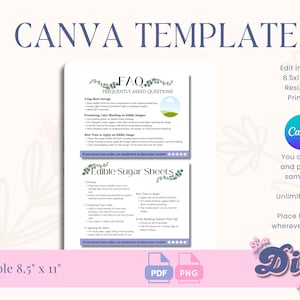 May include: A Canva template with the text "CANVA TEMPLATE" at the top. The template includes FAQs and instructions for edible sugar sheets. The design is on an 8.5" x 11" page, with options to edit and print the same day.
