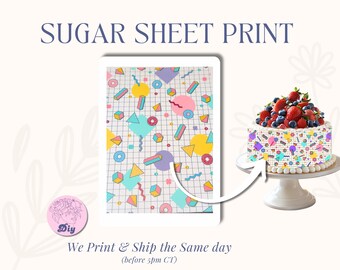 Sugar sheet print 90s & 80s Retro Sugar Sheet Print – Edible Geometric Pattern for Cookies, Cakes, Theme Retro Icing Sheet for Bakers