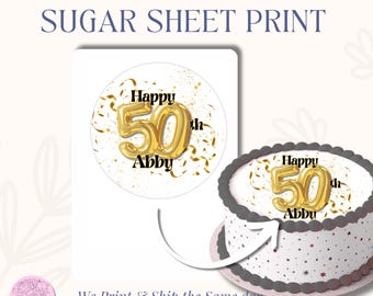 50th birthday Sugar Topper | Sugar Sheet Round | fabulous 50 black & gold decor Birthday Party | Edible Image Print