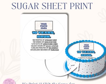 Custom “10 Years, Bruh” Cake Topper | Editable Age & Color| Funny Birthday Edible |Any Age Cake Decor Cake Topper Round frosting icing sheet